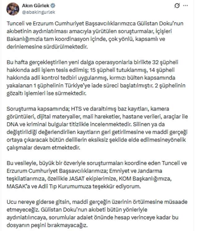 bakan-gurlekten-gulistan-doku-20086995-7829_1_m Bakan Gürlek'ten Gülistan Doku açıklaması: "Bu dosyanın peşini bırakmayacağız"